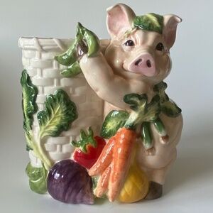 Fitz & Floyd Kitchen Utensils Holder or Vase: “Percy the Pig” Ceramic, Vintage